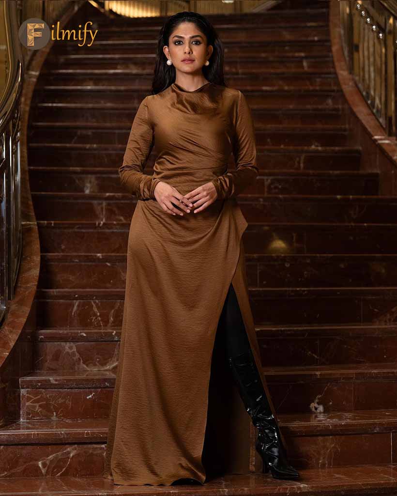 Mrunal Thakur posed in a beautiful brown slit dress