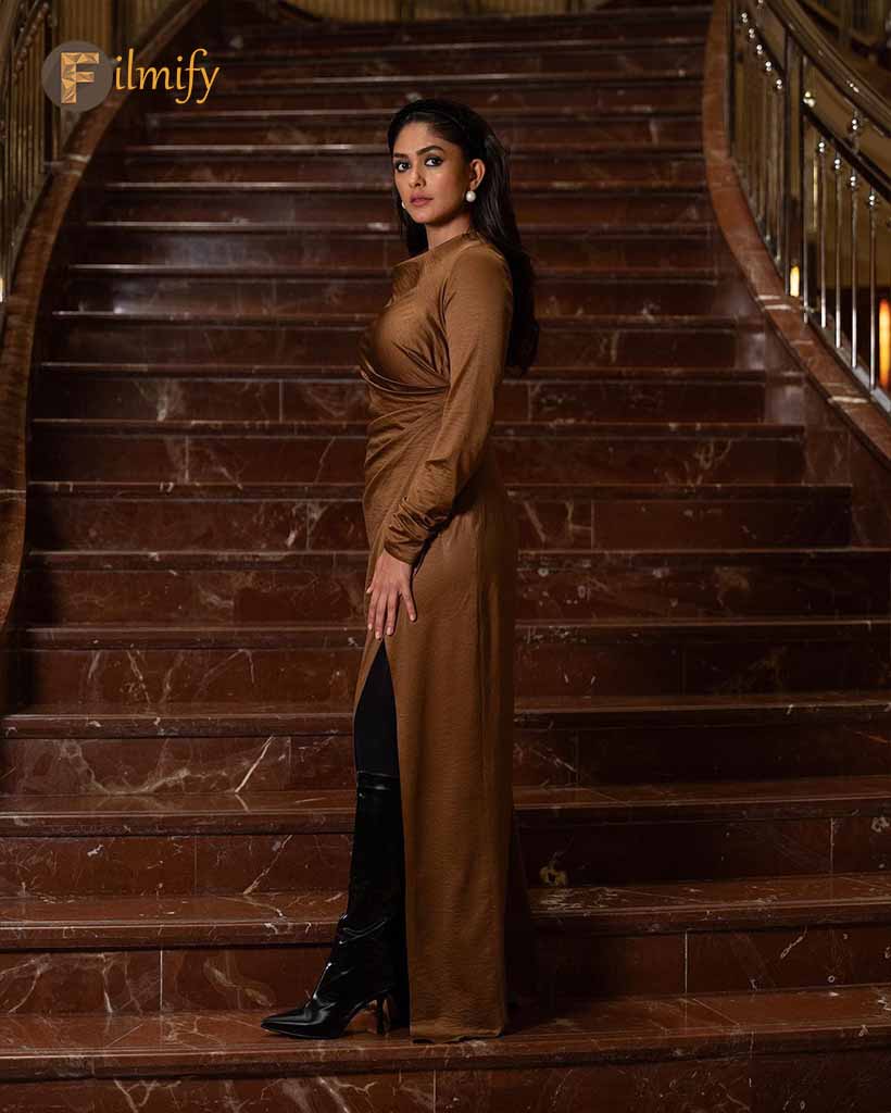 Mrunal Thakur posed in a beautiful brown slit dress